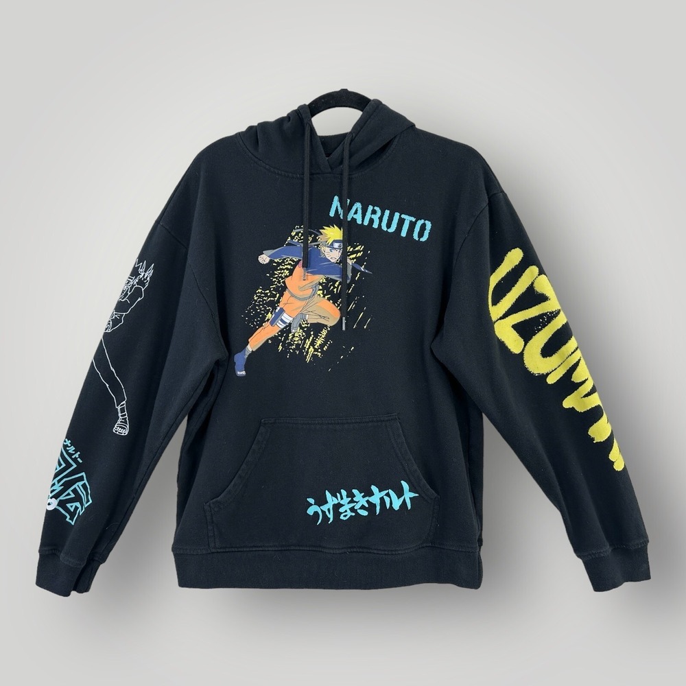 VTG Naruto Shippuden Hoodie Mens M Black‎ Naruto Uzumaki Anime Graphic Pullover